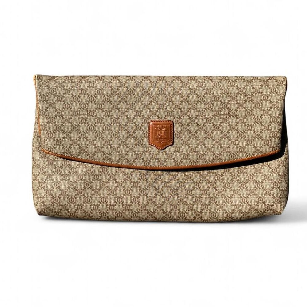 Celine Beige & Brown Logo Canvas Fold-Over Clutch
